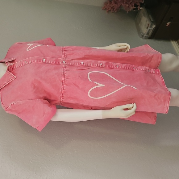 Distressed Pink Heart Empire Waist Babydoll Shirt Dress - Picture 4 of 8